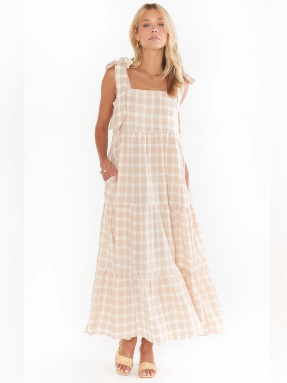 Show Me Your MuMu Arabella Maxi Dress Plaid Check Cream White Cotton Pockets